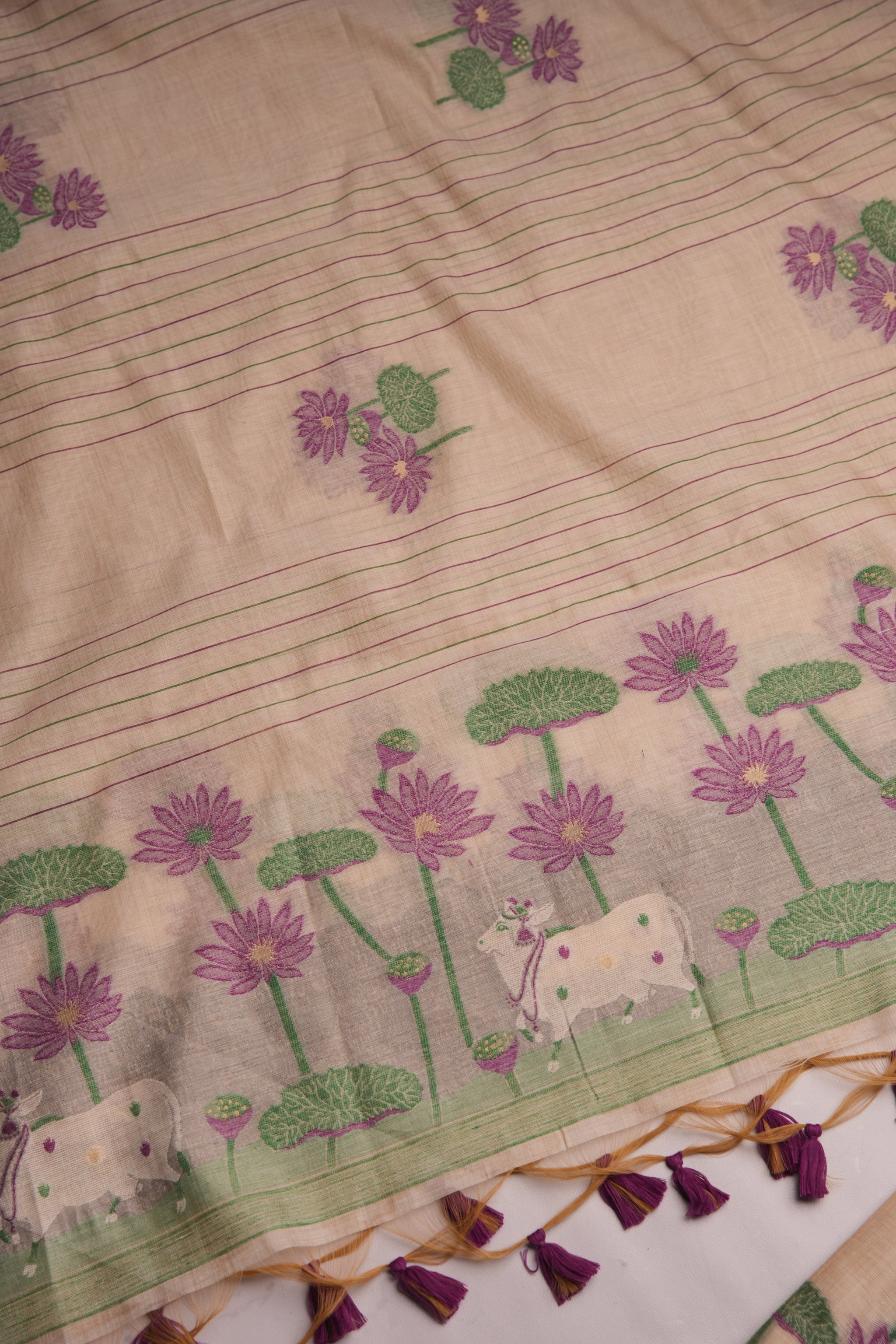 Meadow Weaves Wine Pichwai Jamdani Muga Cotton Unstitched Suit Set