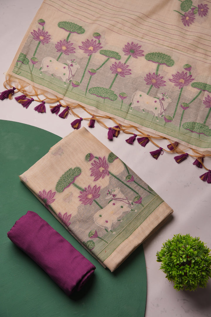 Meadow Weaves Wine Pichwai Jamdani Muga Cotton Unstitched Suit Set