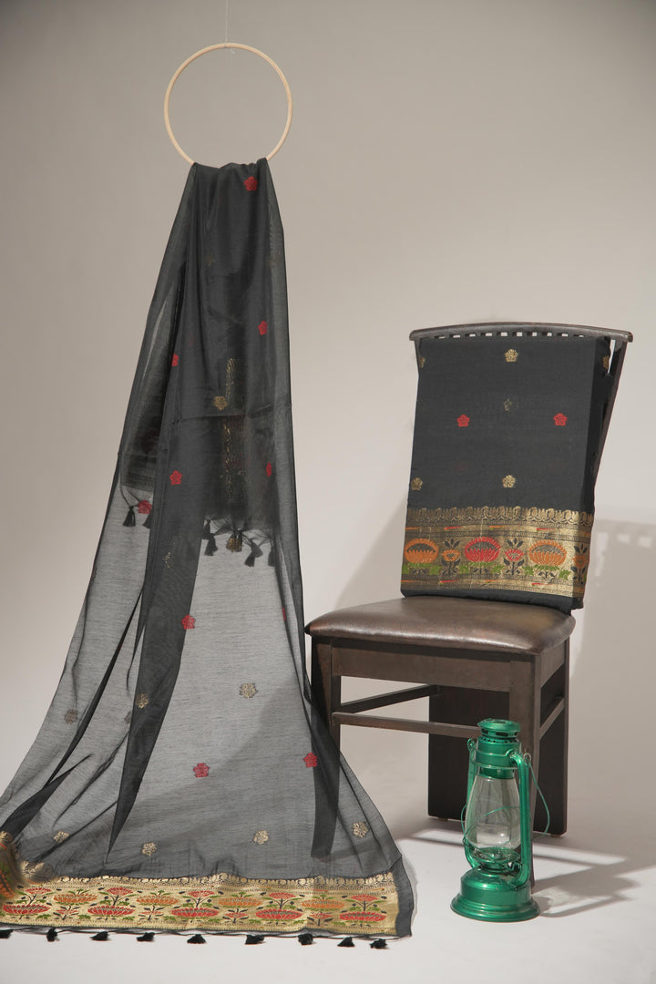 Artivra Black Muga Cotton Unstitched Suit Set