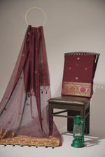 Load image into Gallery viewer, Artivra Maroon Red Muga Cotton Unstitched Suit Set
