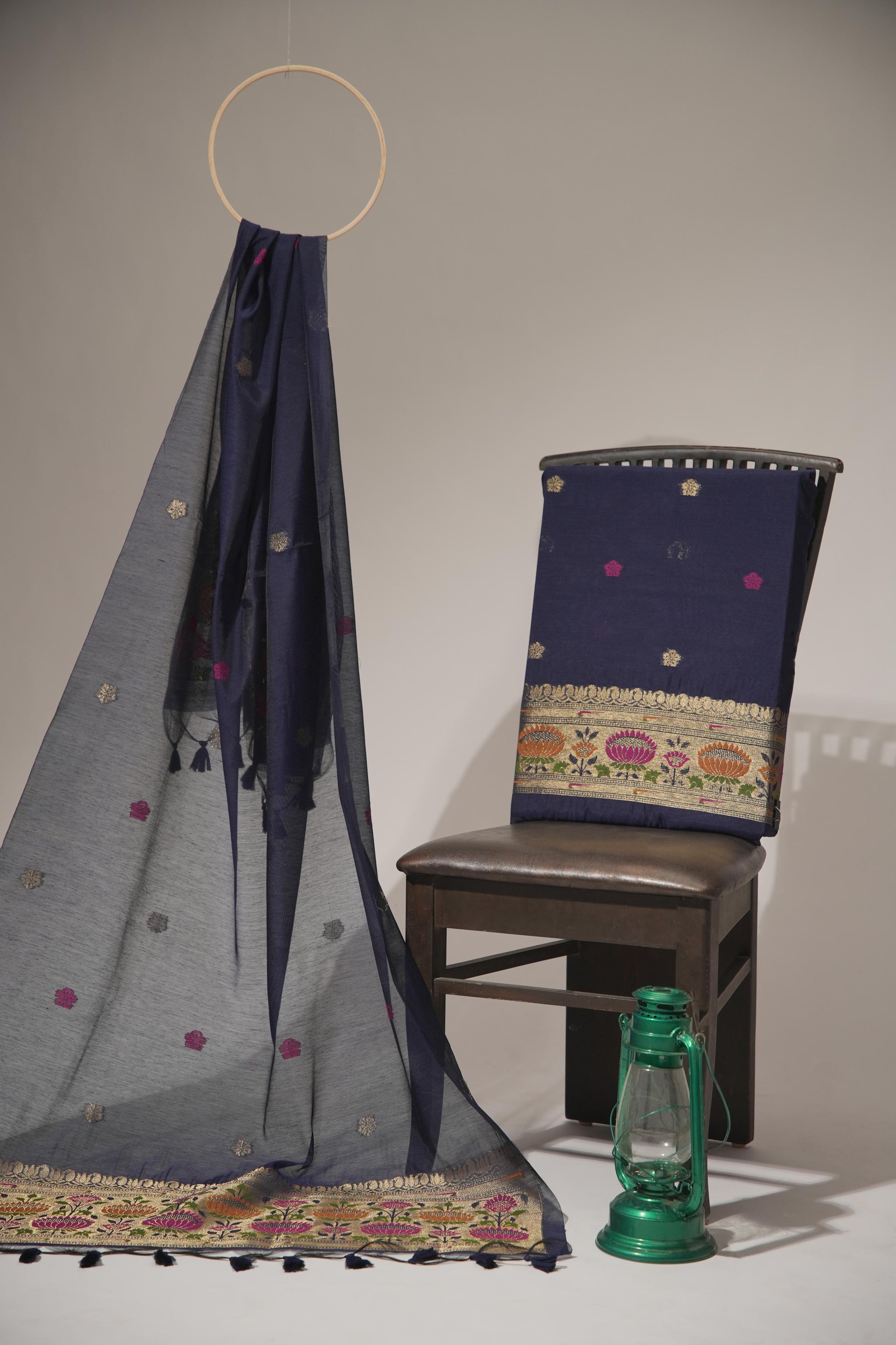 Artivra Navy Blue Muga Cotton Unstitched Suit Set