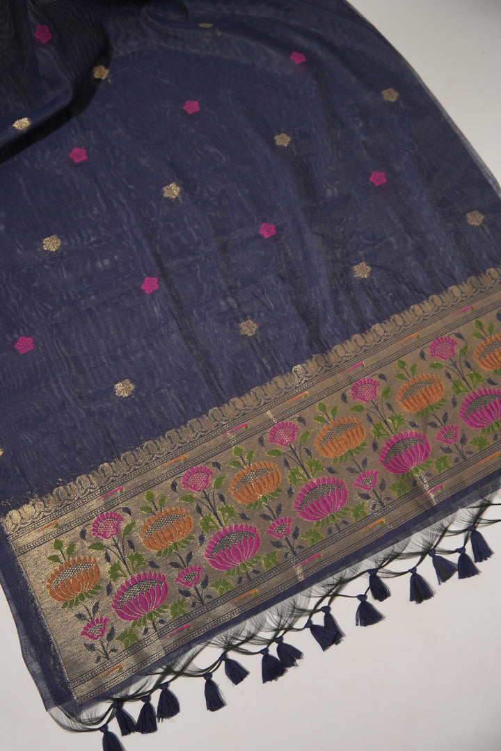 Artivra Navy Blue Muga Cotton Unstitched Suit Set