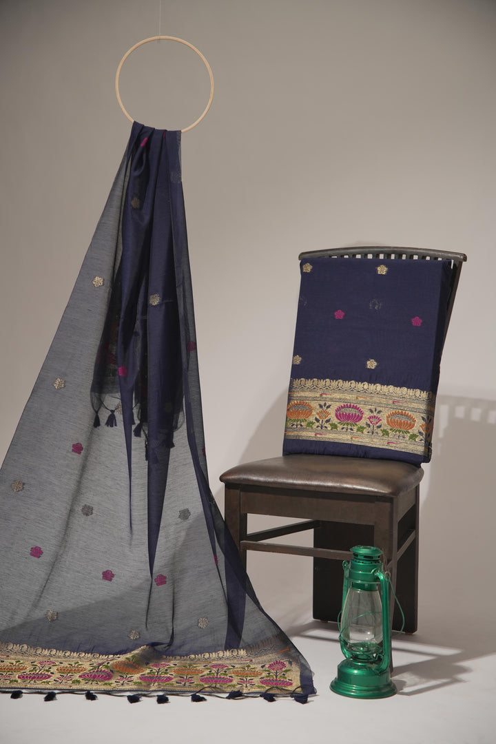 Artivra Navy Blue Muga Cotton Unstitched Suit Set