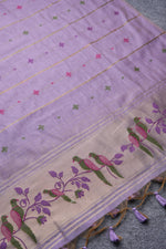 Load image into Gallery viewer, Birds of Feathers Lavender Paithani Muga Cotton Unstitched Suit Set
