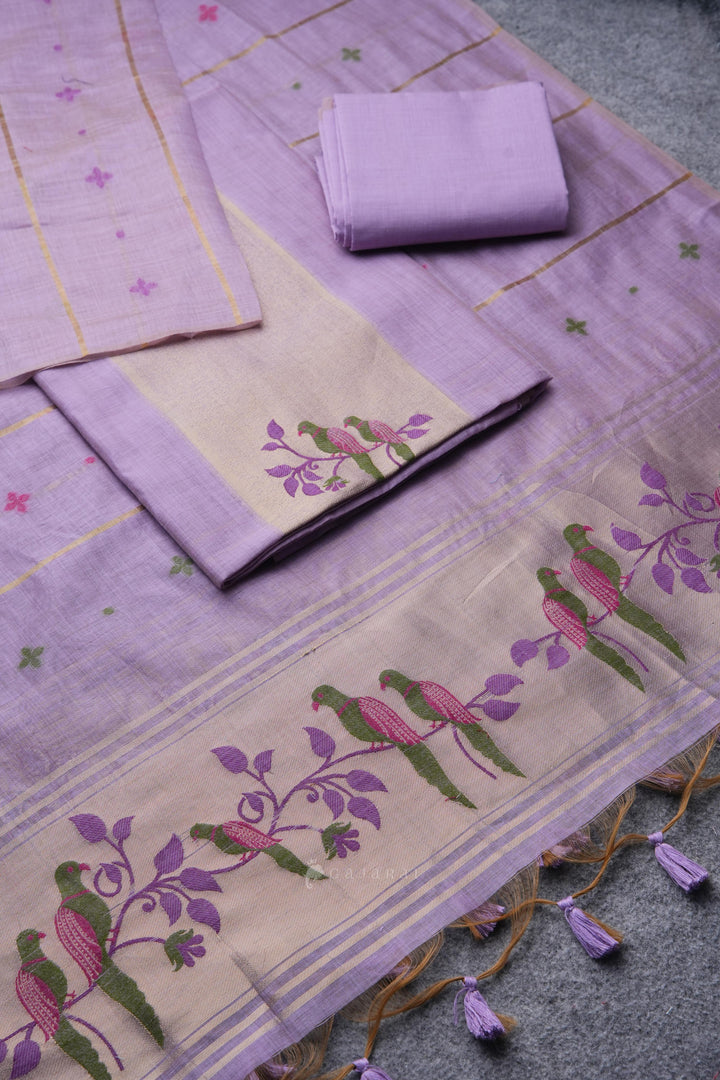 Birds of Feathers Lavender Paithani Muga Cotton Unstitched Suit Set