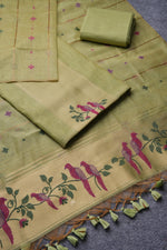 Load image into Gallery viewer, Birds of Feathers Green Paithani Muga Cotton Unstitched Suit Set
