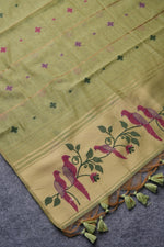 Load image into Gallery viewer, Birds of Feathers Green Paithani Muga Cotton Unstitched Suit Set
