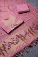 Load image into Gallery viewer, Birds of Feathers Pink Paithani Muga Cotton Unstitched Suit Set
