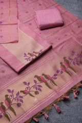 Birds of Feathers Pink Paithani Muga Cotton Unstitched Suit Set