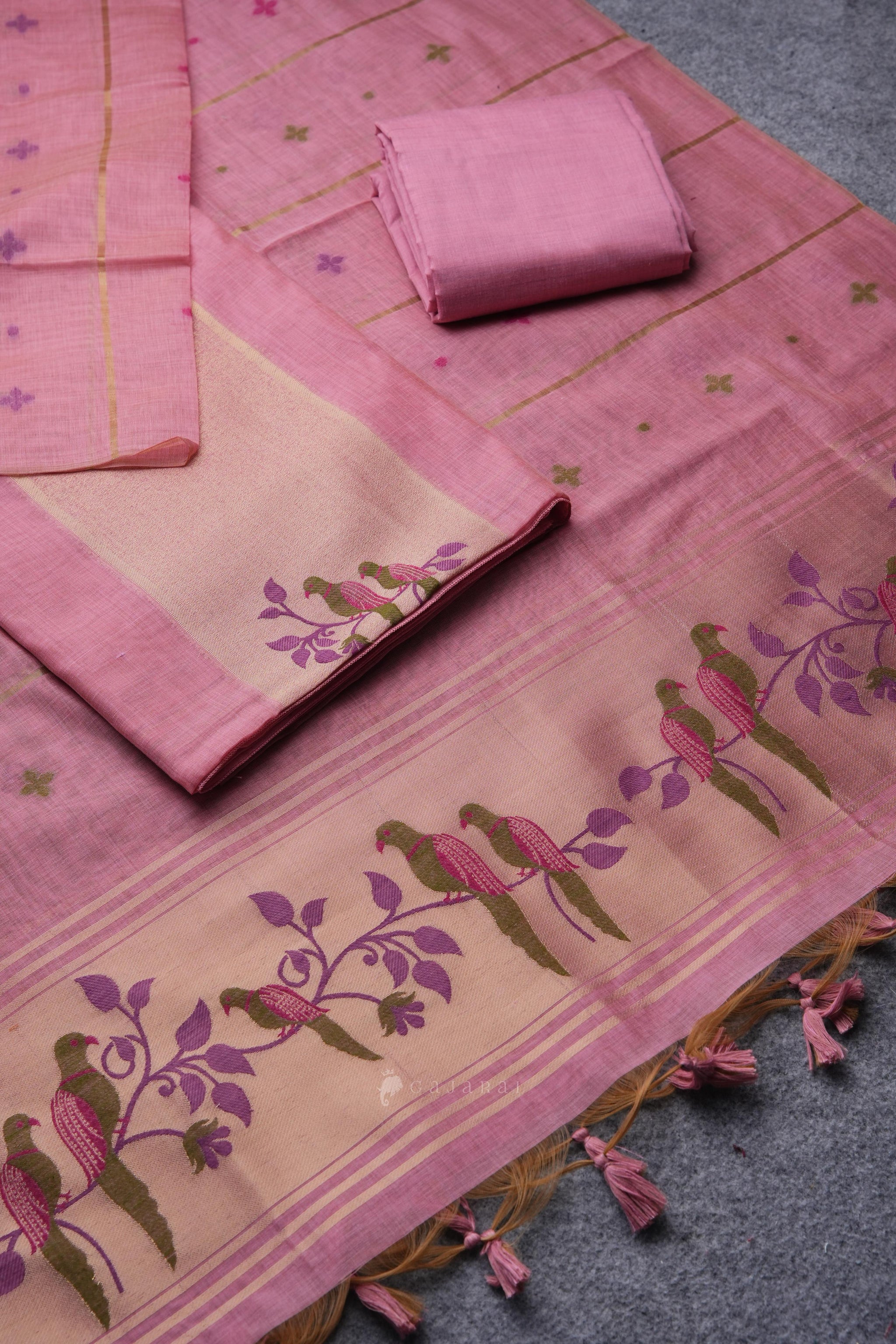 Birds of Feathers Pink Paithani Muga Cotton Unstitched Suit Set