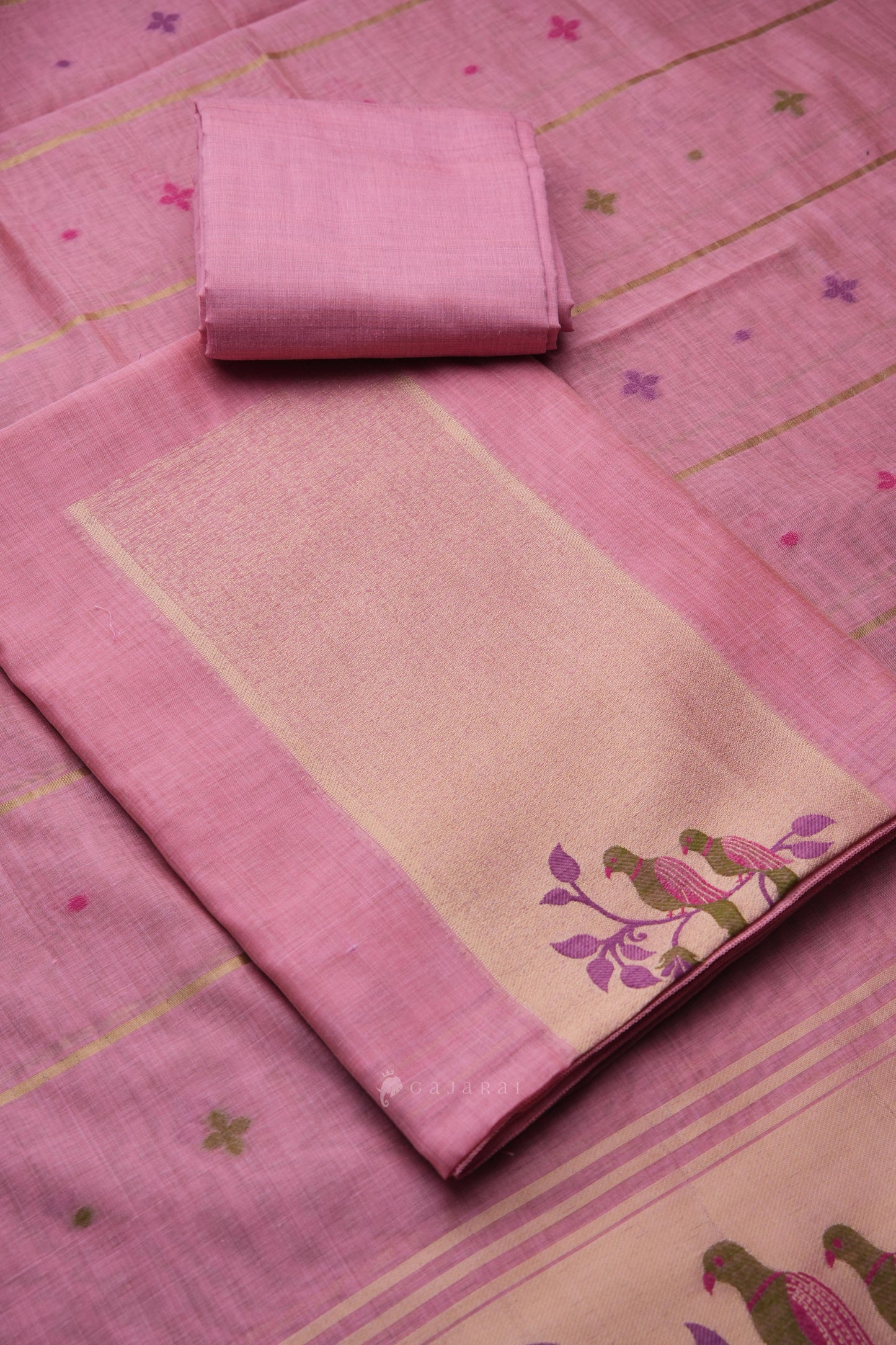 Birds of Feathers Pink Paithani Muga Cotton Unstitched Suit Set