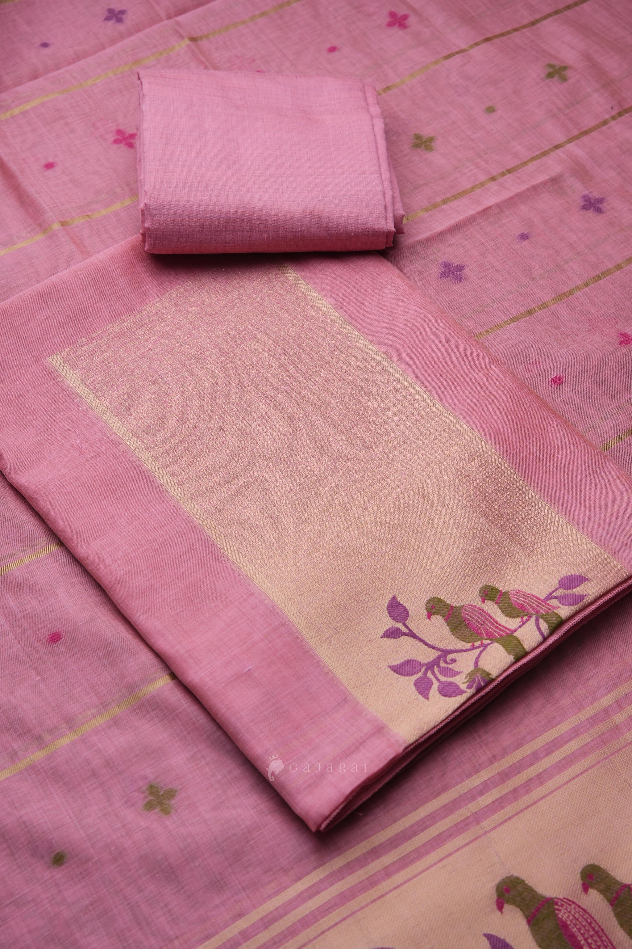 Birds of Feathers Pink Paithani Muga Cotton Unstitched Suit Set