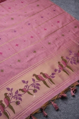 Birds of Feathers Pink Paithani Muga Cotton Unstitched Suit Set