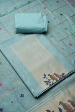Load image into Gallery viewer, Birds of Feathers Sky Blue Paithani Muga Cotton Unstitched Suit Set
