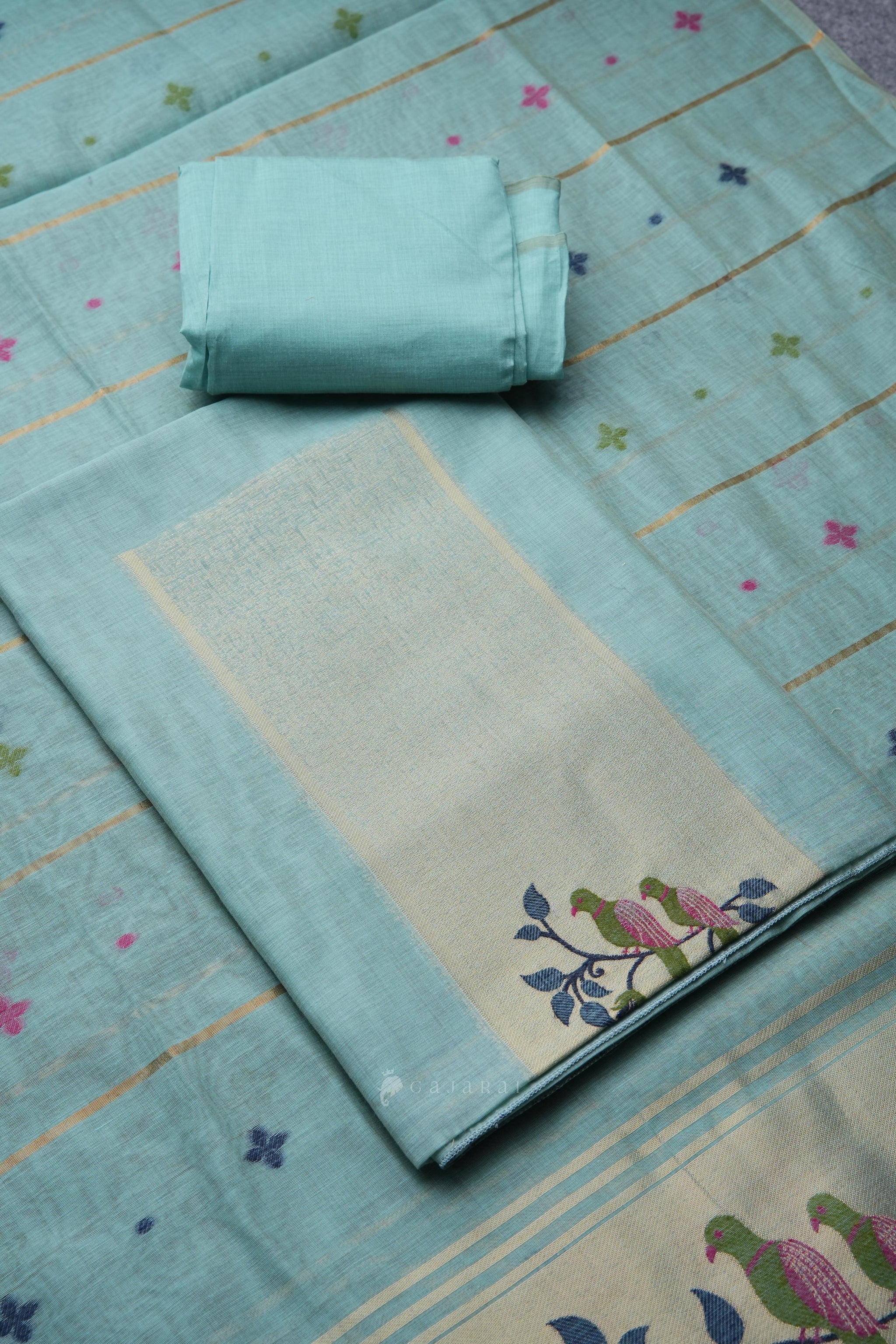 Birds of Feathers Sky Blue Paithani Muga Cotton Unstitched Suit Set