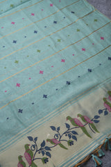 Birds of Feathers Sky Blue Paithani Muga Cotton Unstitched Suit Set