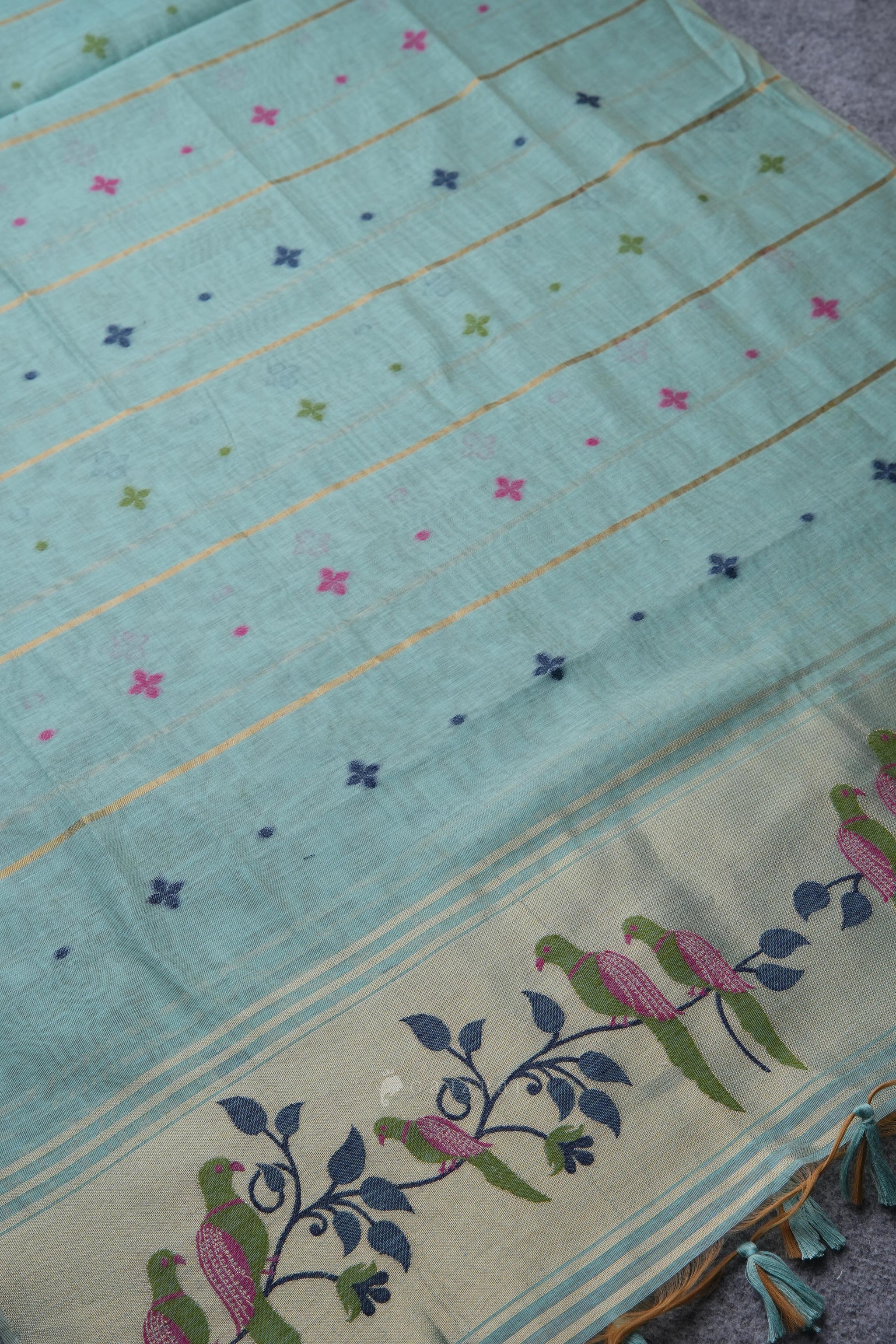 Birds of Feathers Sky Blue Paithani Muga Cotton Unstitched Suit Set