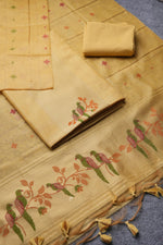 Load image into Gallery viewer, Birds of Feathers Yellow Paithani Muga Cotton Unstitched Suit Set
