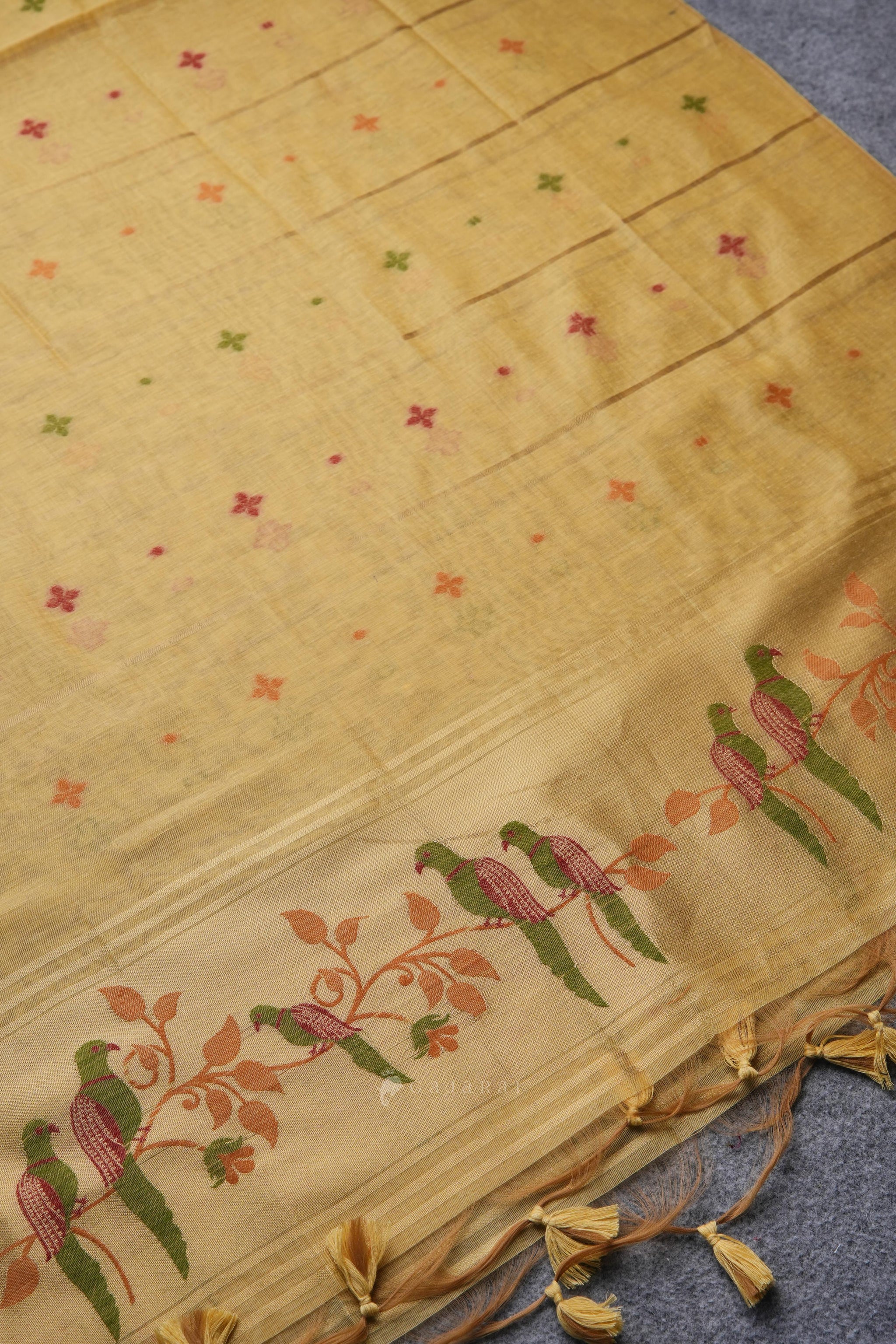 Birds of Feathers Yellow Paithani Muga Cotton Unstitched Suit Set