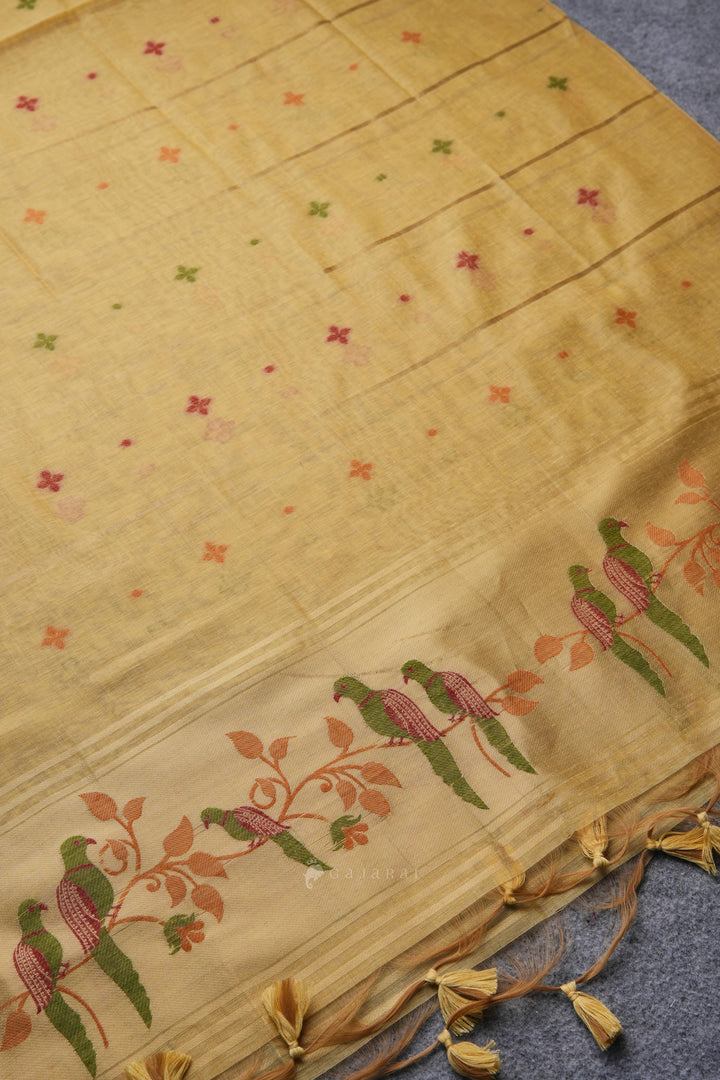 Birds of Feathers Yellow Paithani Muga Cotton Unstitched Suit Set