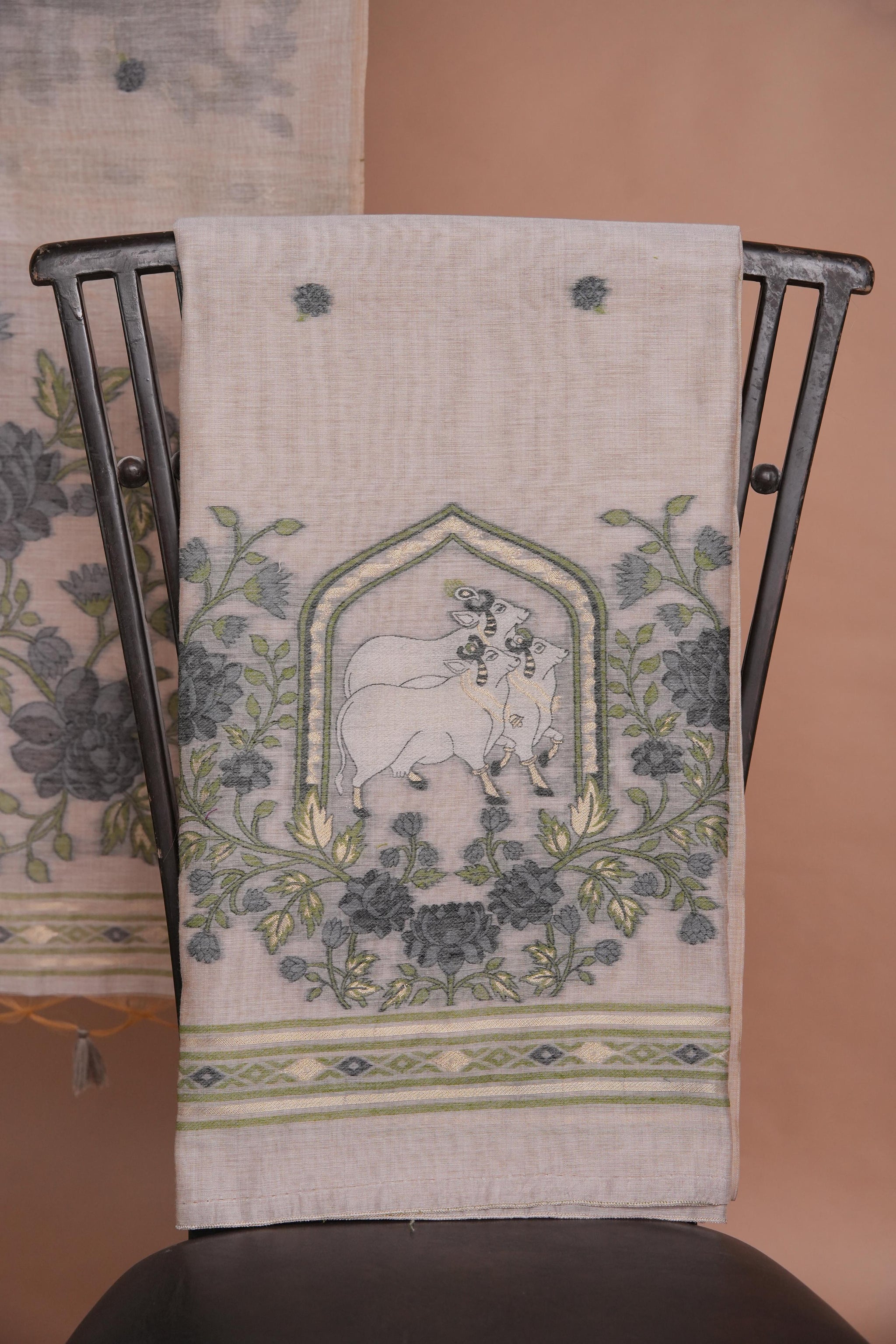 Meadow Motifs Grey Pichwai Jamdani Muga Cotton Unstitched Suit Set