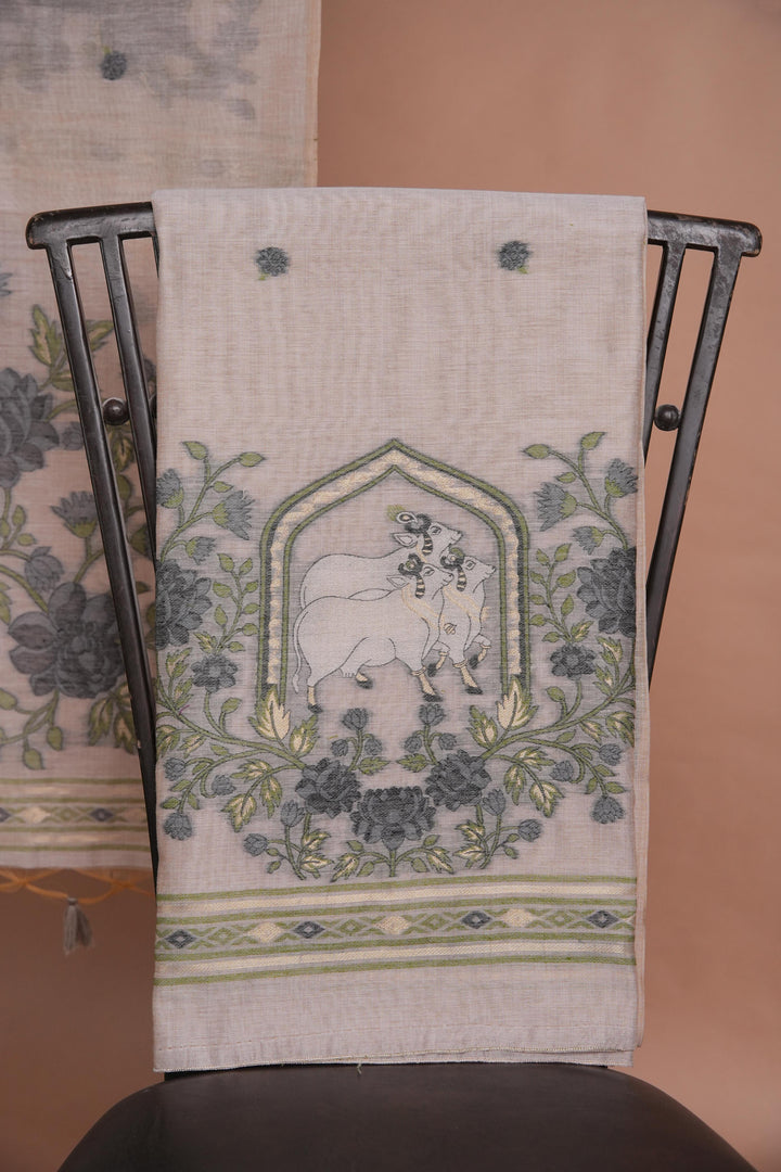 Meadow Motifs Grey Pichwai Jamdani Muga Cotton Unstitched Suit Set