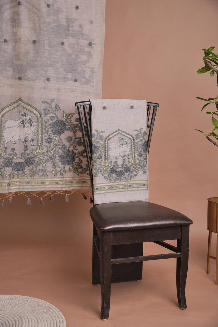 Meadow Motifs Grey Pichwai Jamdani Muga Cotton Unstitched Suit Set