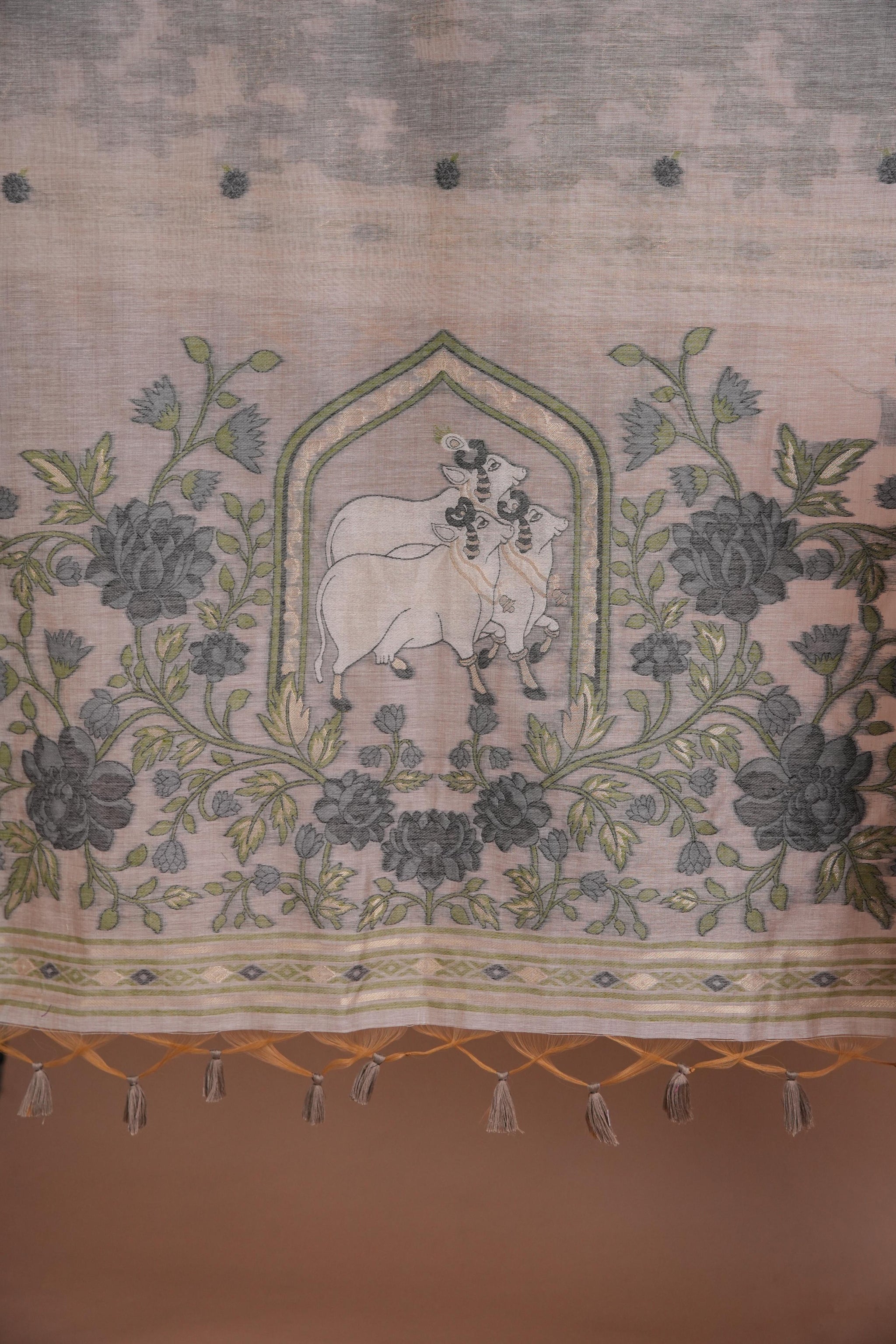 Meadow Motifs Grey Pichwai Jamdani Muga Cotton Unstitched Suit Set