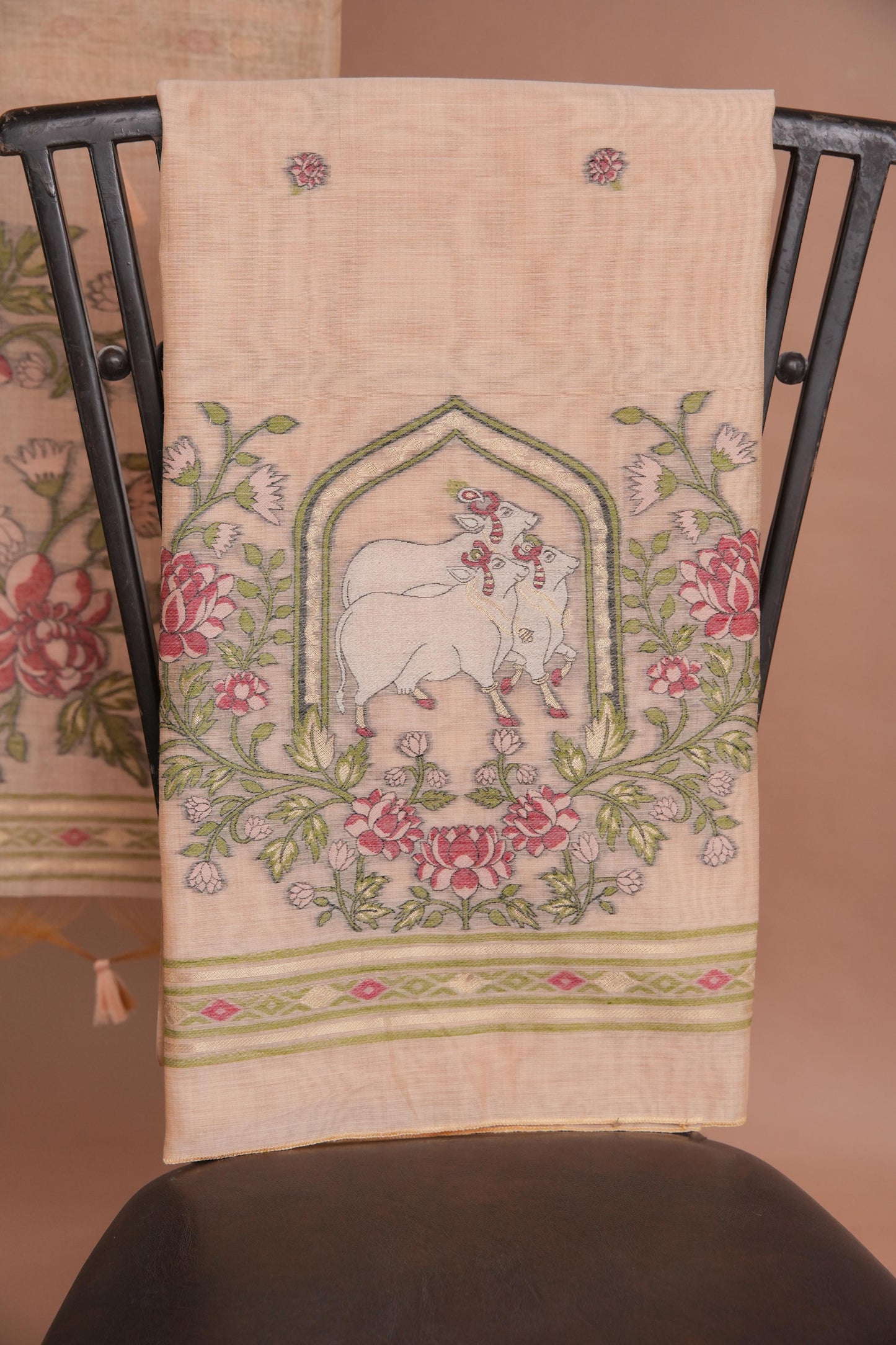 Meadow Motifs Peach Pichwai Jamdani Muga Cotton Unstitched Suit Set