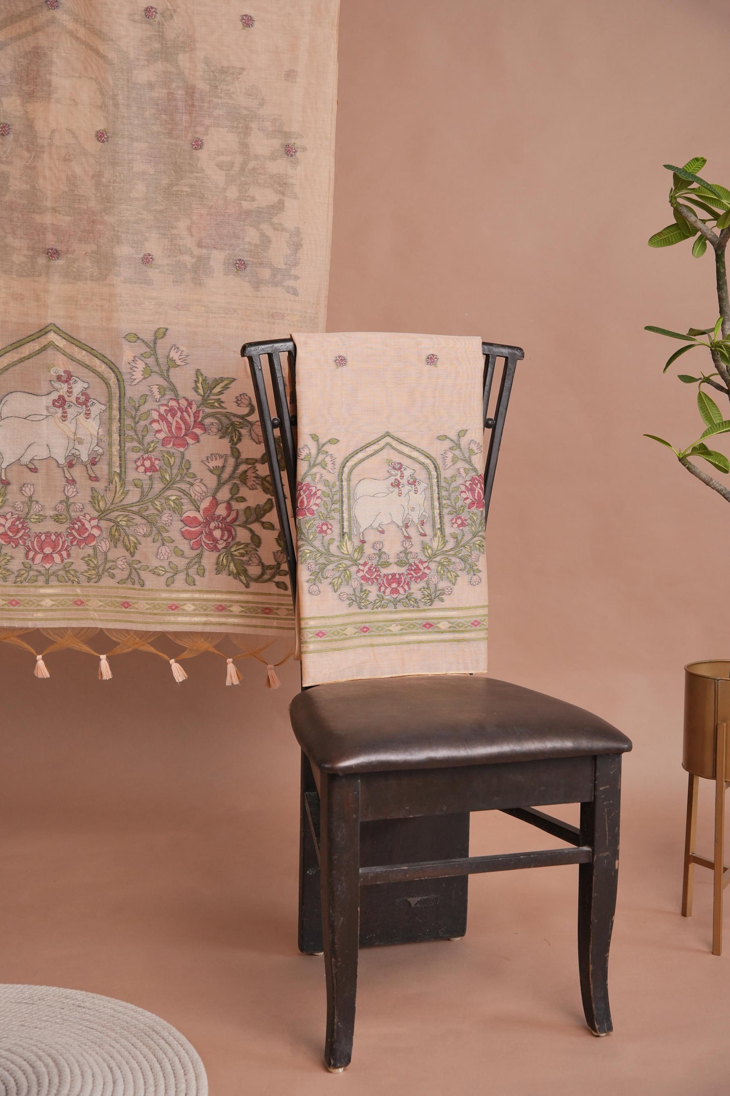 Meadow Motifs Peach Pichwai Jamdani Muga Cotton Unstitched Suit Set