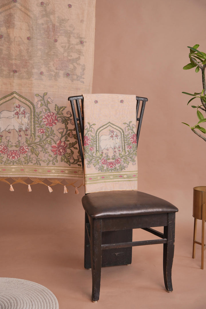 Meadow Motifs Peach Pichwai Jamdani Muga Cotton Unstitched Suit Set