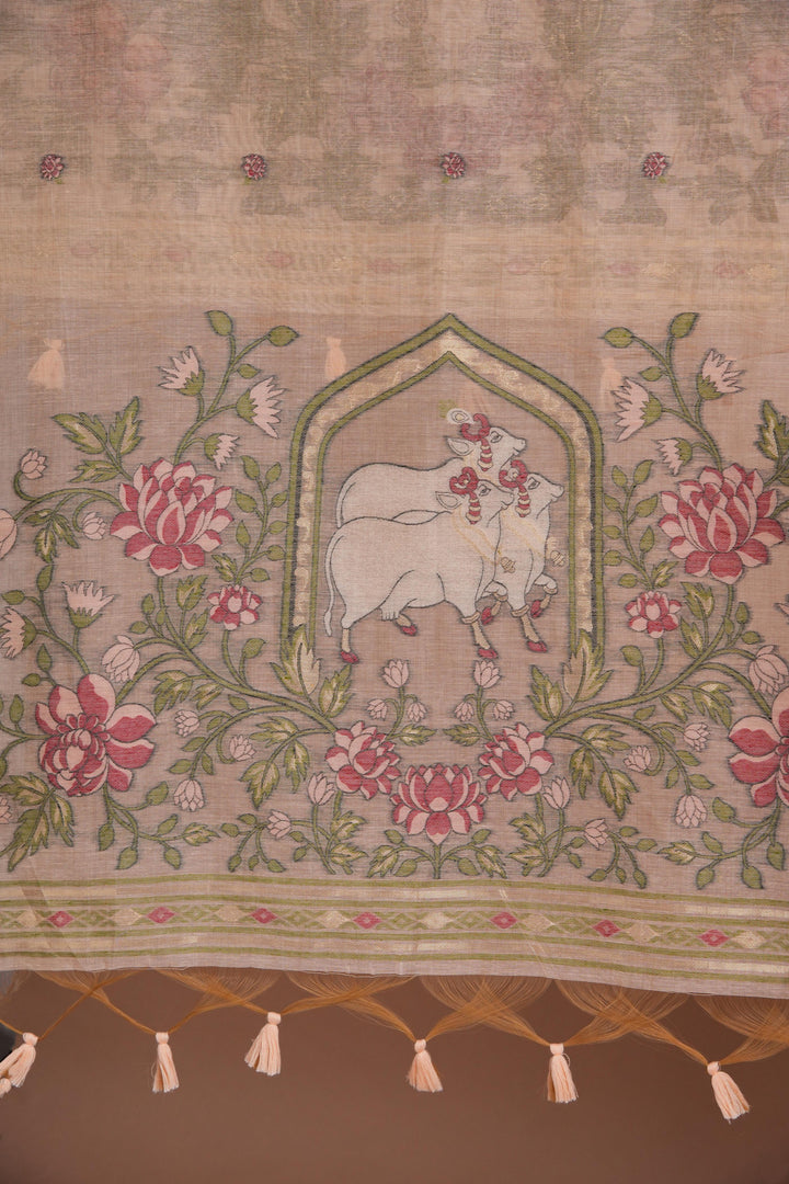 Meadow Motifs Peach Pichwai Jamdani Muga Cotton Unstitched Suit Set