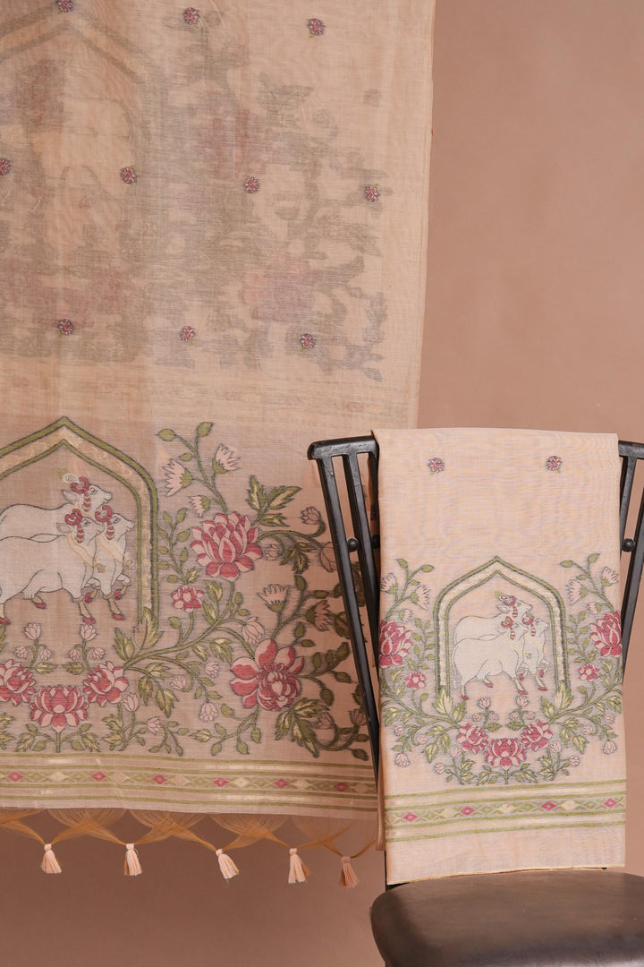 Meadow Motifs Peach Pichwai Jamdani Muga Cotton Unstitched Suit Set