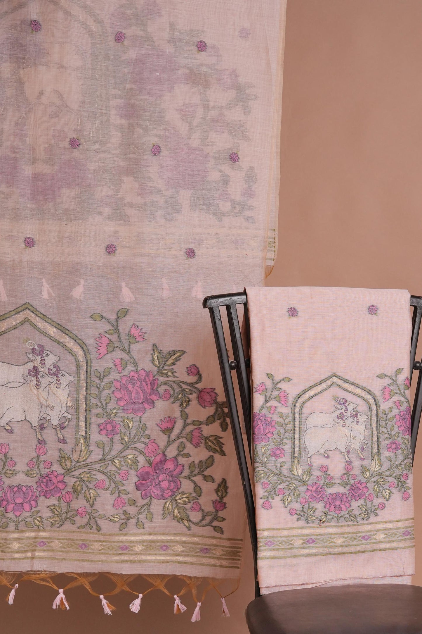 Meadow Motifs Pink Pichwai Jamdani Muga Cotton Unstitched Suit Set