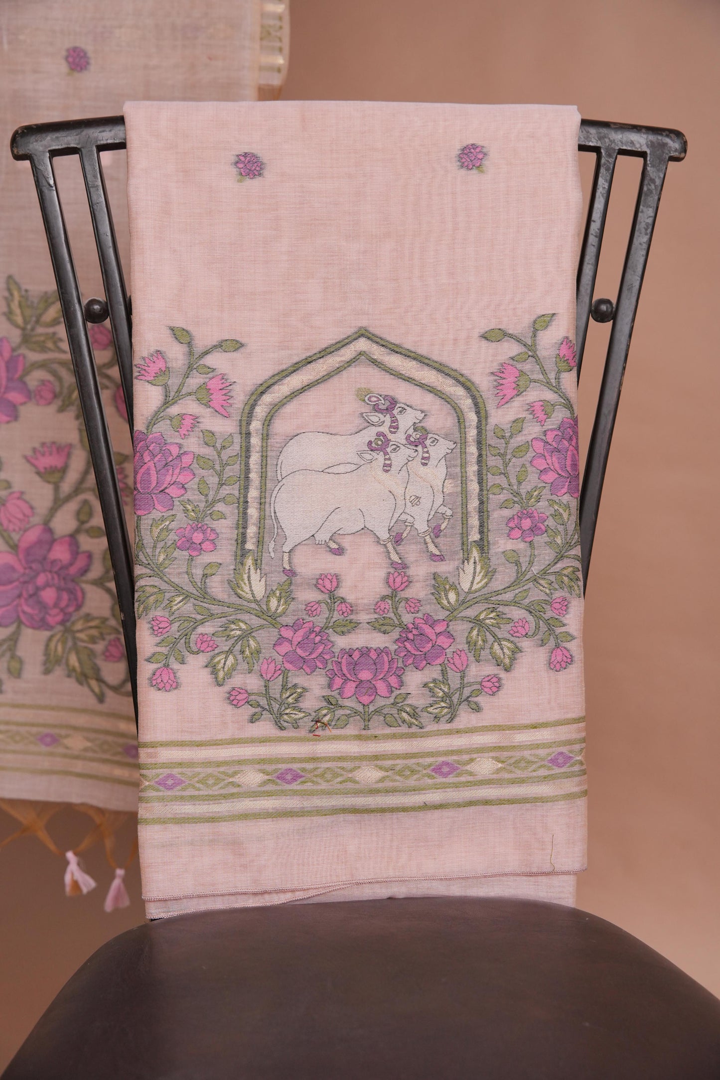 Meadow Motifs Pink Pichwai Jamdani Muga Cotton Unstitched Suit Set