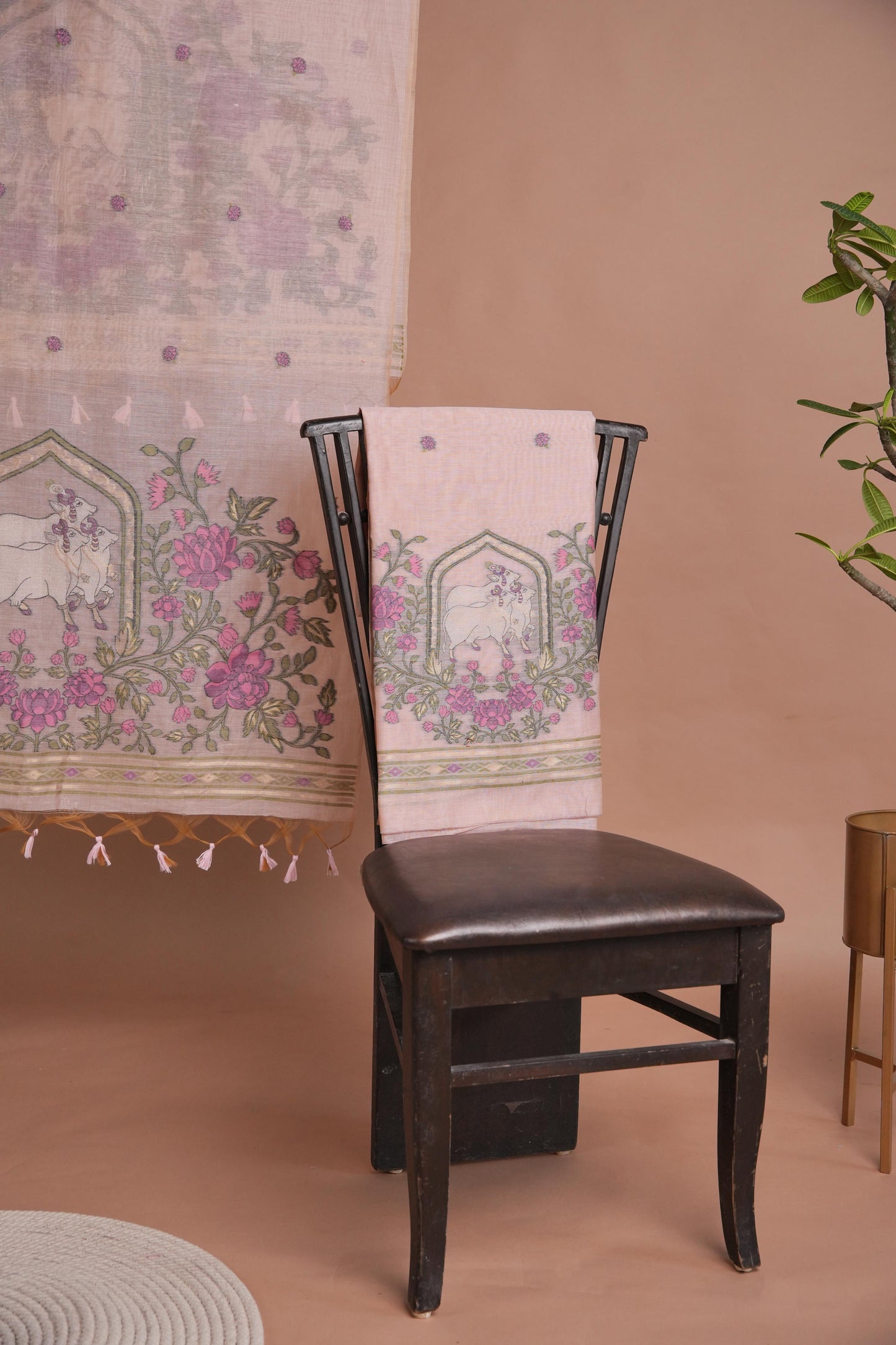 Meadow Motifs Pink Pichwai Jamdani Muga Cotton Unstitched Suit Set