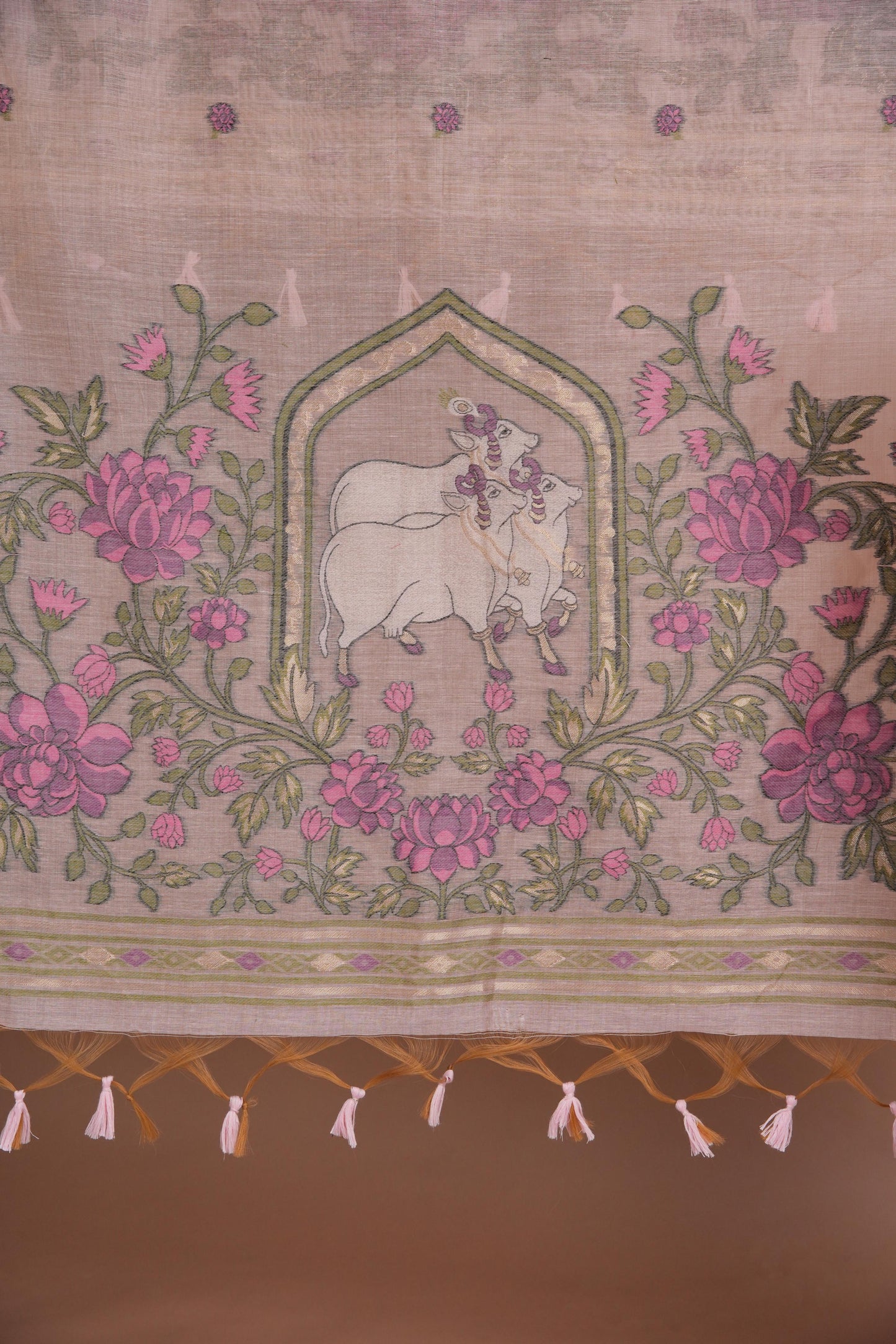 Meadow Motifs Pink Pichwai Jamdani Muga Cotton Unstitched Suit Set