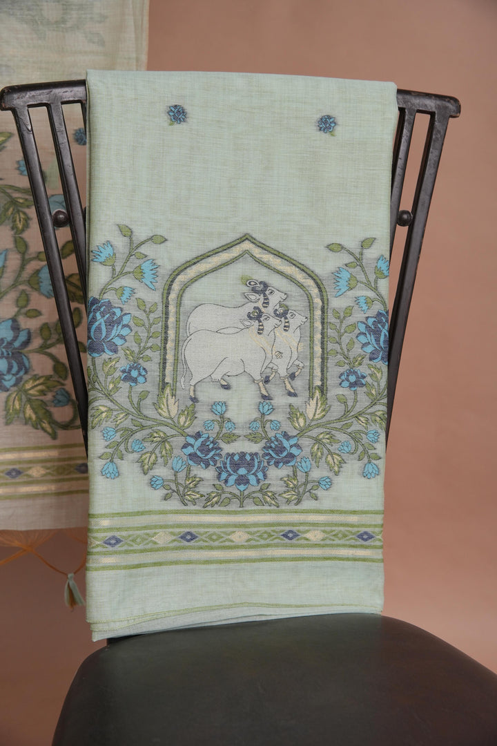 Meadow Motifs Sea Green Pichwai Jamdani Muga Cotton Unstitched Suit Set