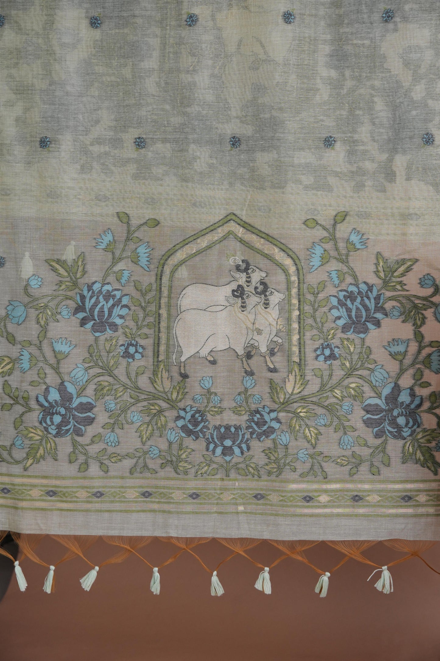 Meadow Motifs Sea Green Pichwai Jamdani Muga Cotton Unstitched Suit Set