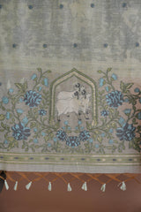 Meadow Motifs Sea Green Pichwai Jamdani Muga Cotton Unstitched Suit Set