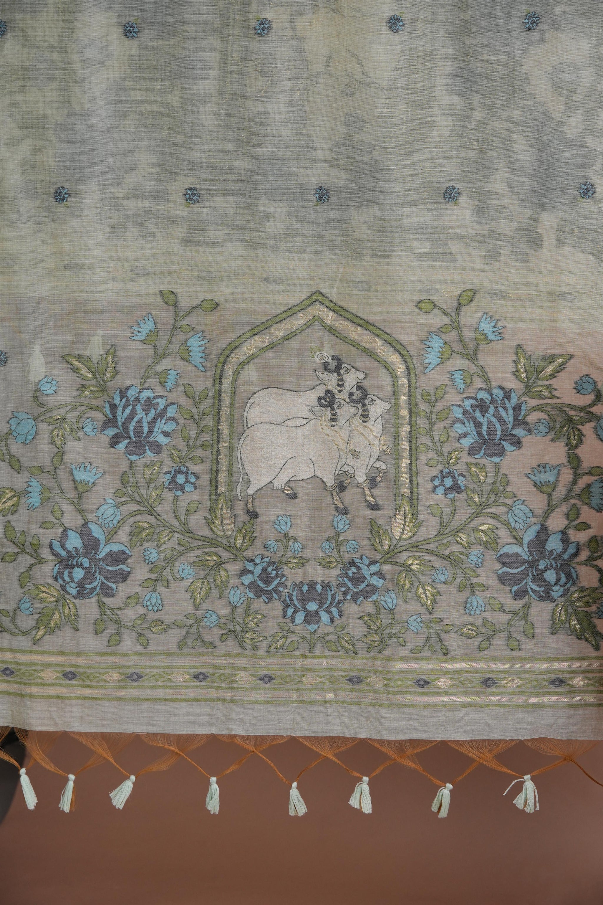 Meadow Motifs Sea Green Pichwai Jamdani Muga Cotton Unstitched Suit Set