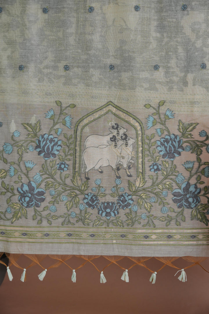 Meadow Motifs Sea Green Pichwai Jamdani Muga Cotton Unstitched Suit Set