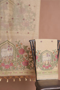 Meadow Motifs Yellow Pichwai Jamdani Muga Cotton Unstitched Suit Set