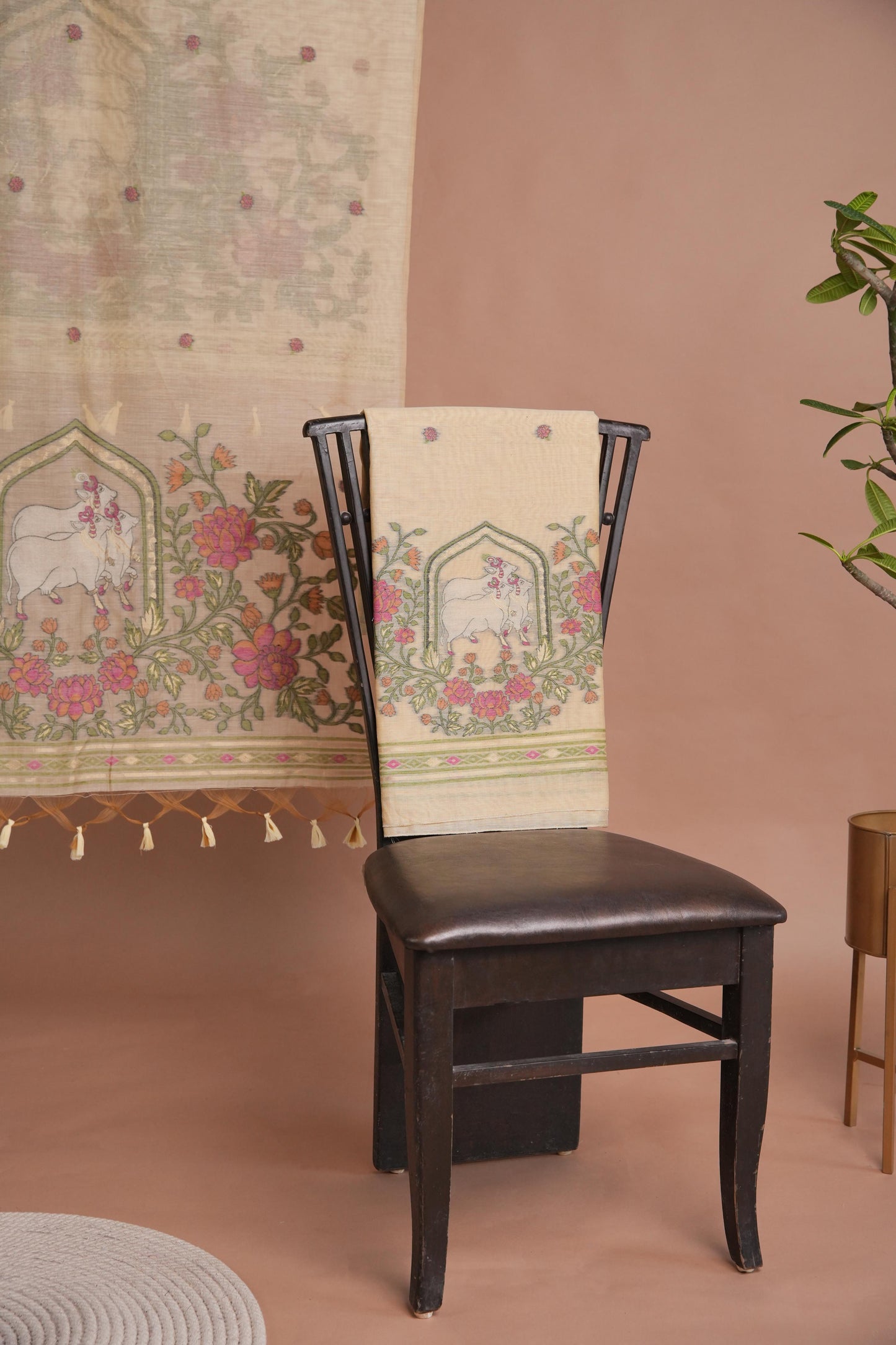 Meadow Motifs Yellow Pichwai Jamdani Muga Cotton Unstitched Suit Set