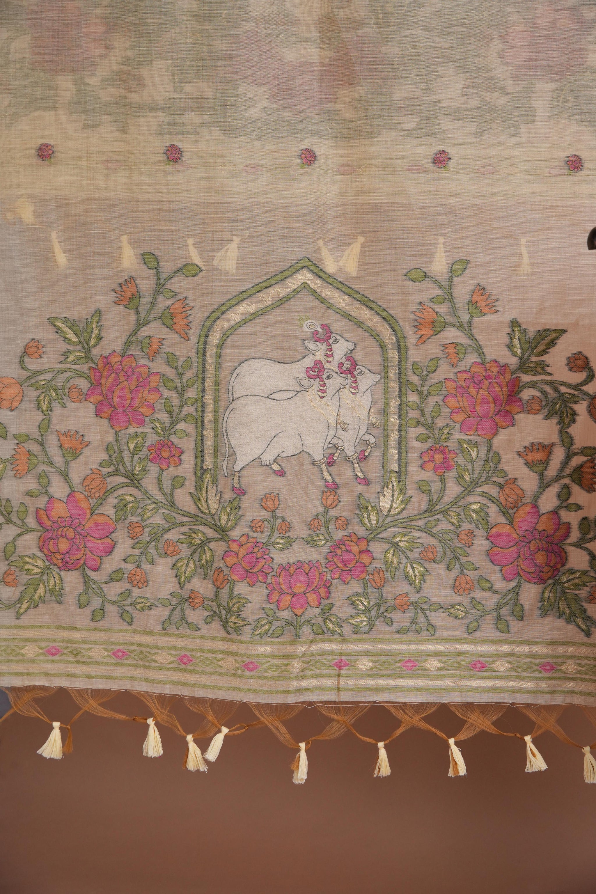 Meadow Motifs Yellow Pichwai Jamdani Muga Cotton Unstitched Suit Set