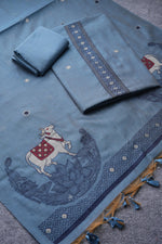 Load image into Gallery viewer, Pasture Luxe Blue Muga Cotton Unstitched Suit Set
