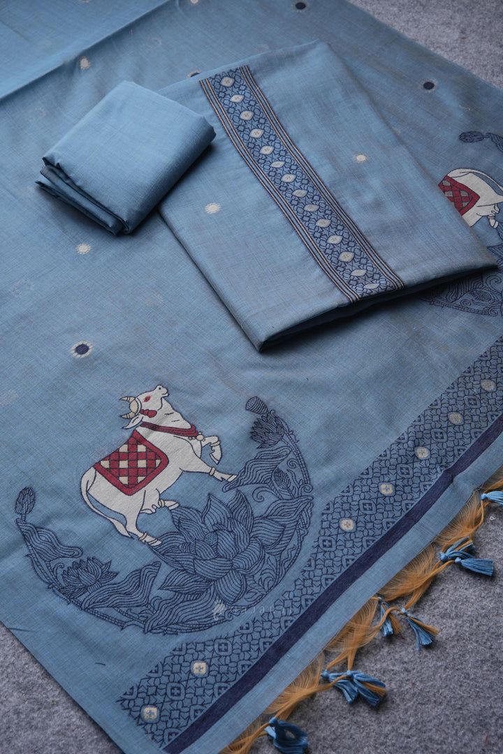 Pasture Luxe Blue Muga Cotton Unstitched Suit Set