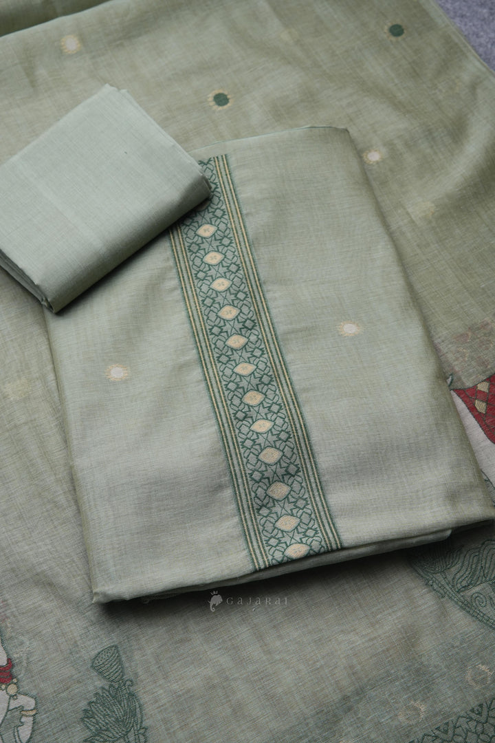 Pasture Luxe Green Muga Cotton Unstitched Suit Set