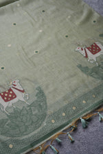 Load image into Gallery viewer, Pasture Luxe Green Muga Cotton Unstitched Suit Set

