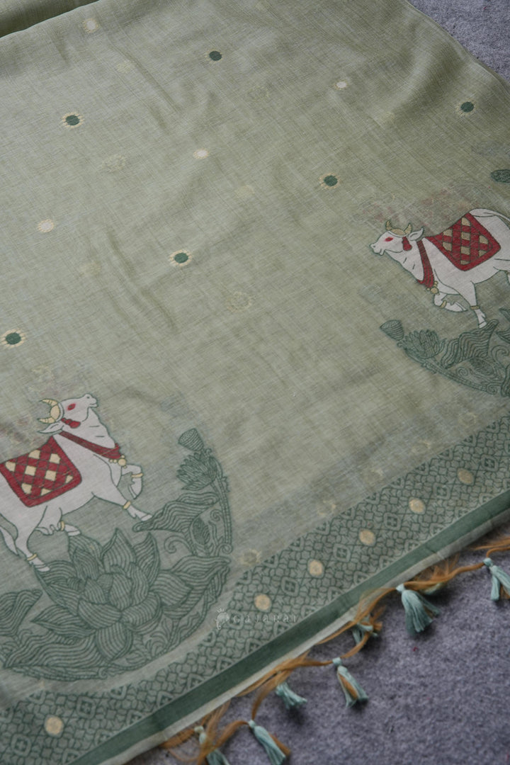 Pasture Luxe Green Muga Cotton Unstitched Suit Set